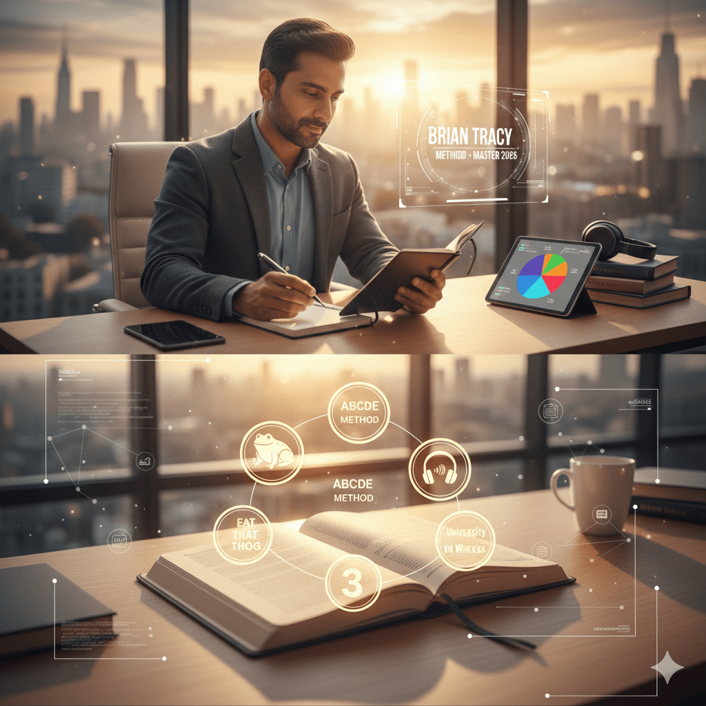 The 5 Pillars of Tracy’s Success System Infographic showing the 5 core self improvement tips Brian Tracy: Eat That Frog, ABCDE Method, and more.