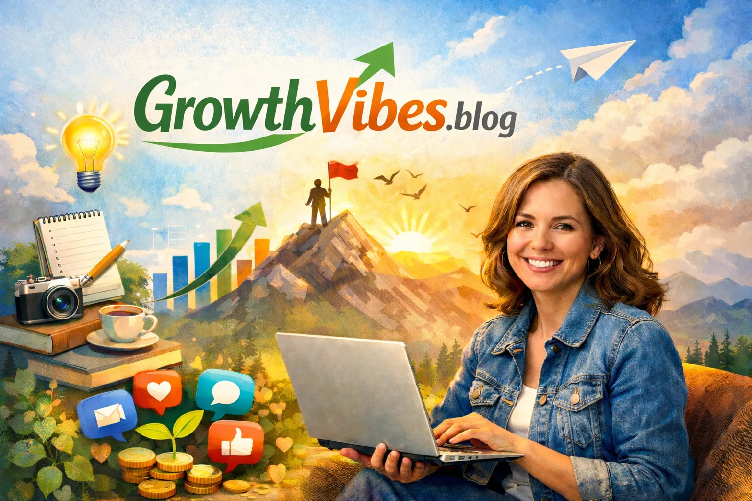 GrowthVibe founder working on a laptop with digital growth icons, mountain peak success, and lightbulb ideas illustration.