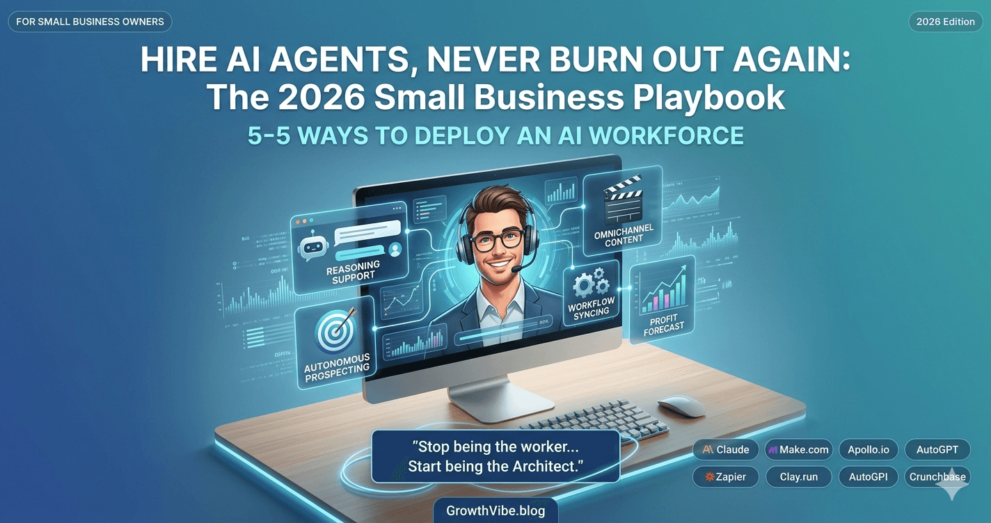 AI agents for small business 2026 playbook featured image banner showing a desktop monitor with a professional male assistant avatar and digital workflow icons on a light blue gradient background.
