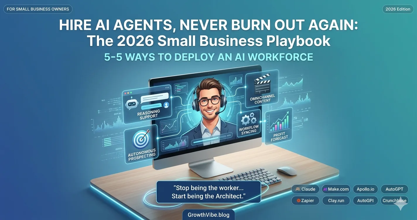 AI agents for small business 2026 playbook featured image banner showing a desktop monitor with a professional male assistant avatar and digital workflow icons on a light blue gradient background.
