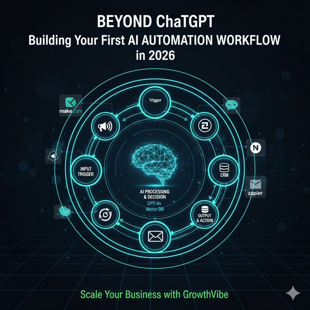 AI Automation Workflow 2026 Diagram with Make.com and Zapier Integration for GrowthVibe