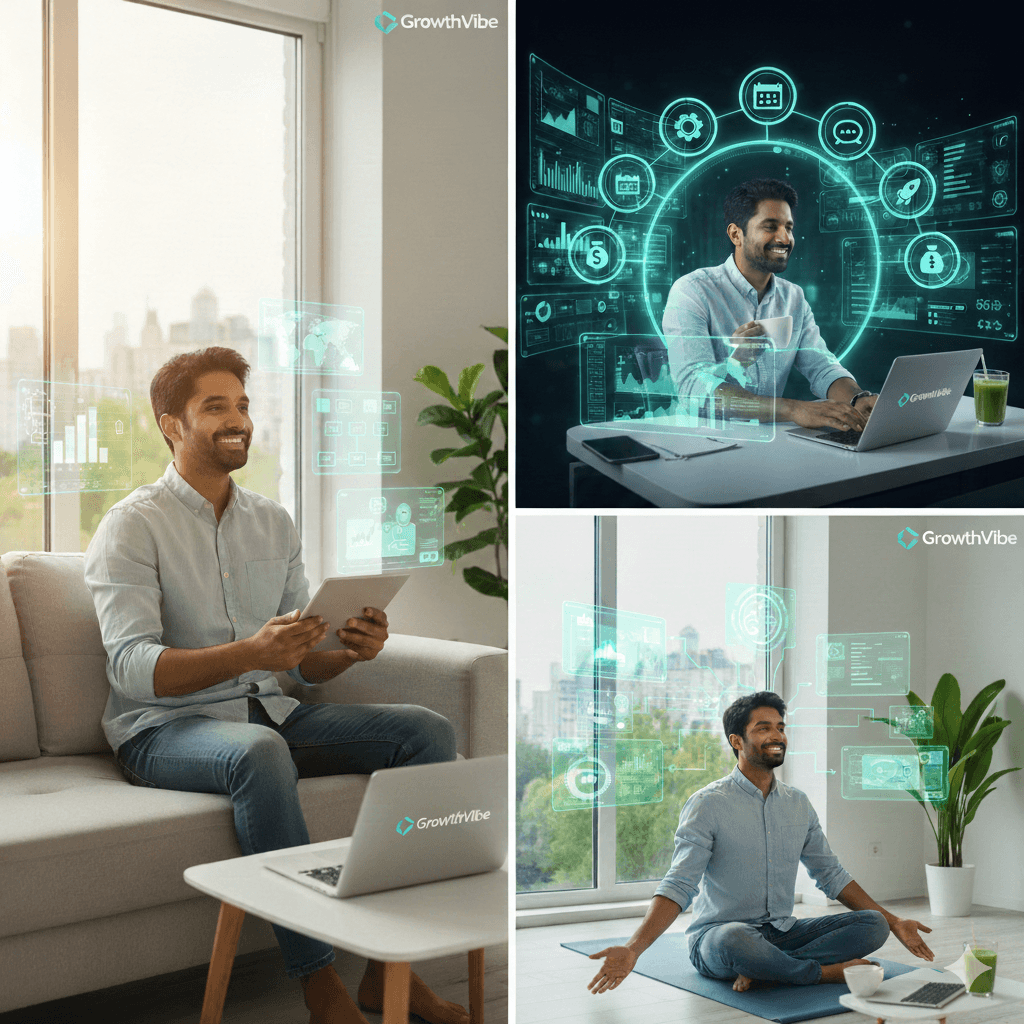 Founder using business automation tools while maintaining digital wellness and a healthy lifestyle.