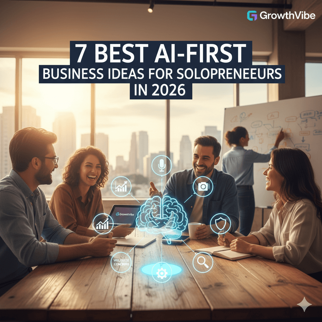 A diverse group of entrepreneurs in a modern office collaborating around a table with a glowing digital AI brain icon, illustrating 7 profitable AI-first business ideas for solopreneurs in 2026.