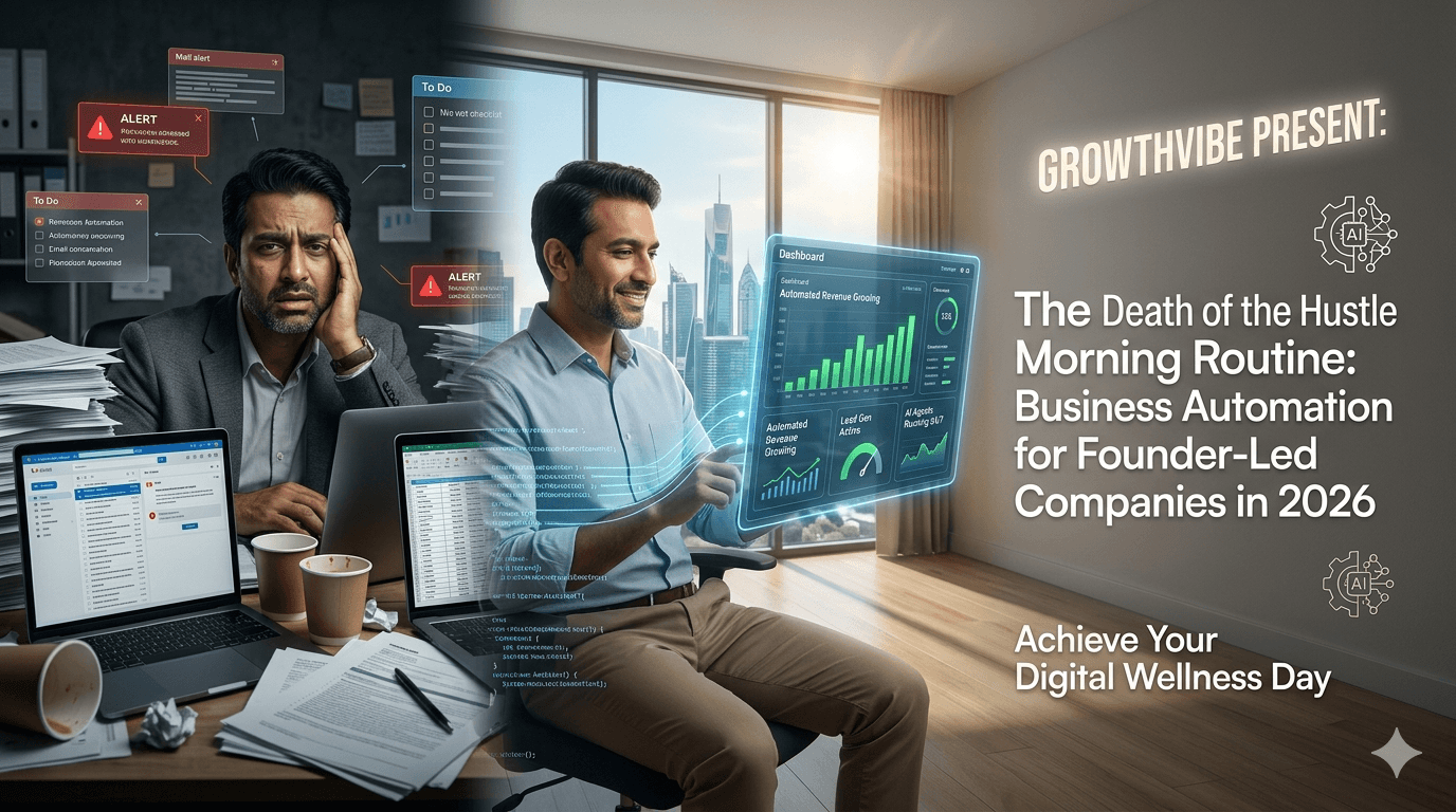 A visual representation of the transition from stressful hustle to successful business automation for founder-led companies in 2026, featuring a calm founder using an AI dashboard.