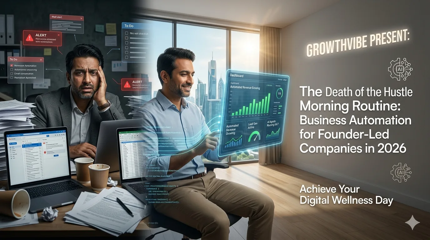 A visual representation of the transition from stressful hustle to successful business automation for founder-led companies in 2026, featuring a calm founder using an AI dashboard.