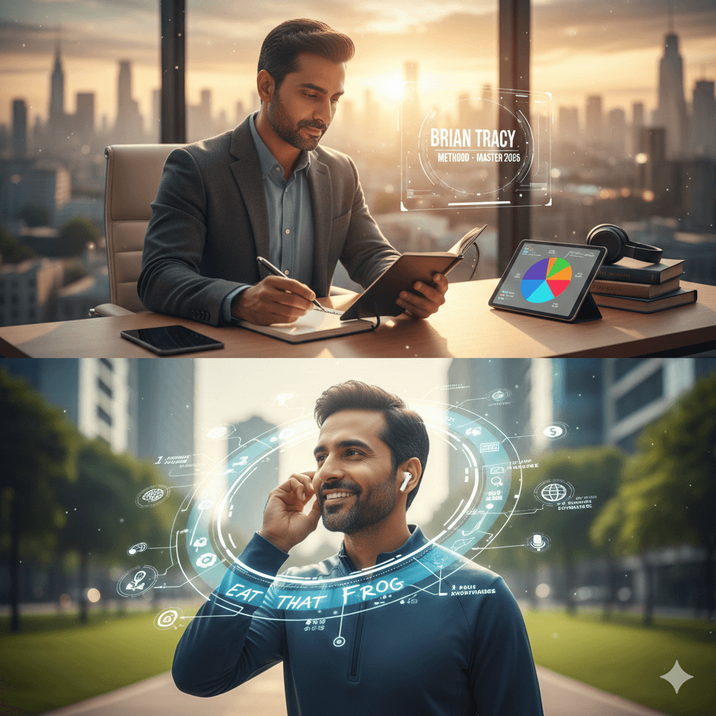 A professional man in a modern office implementing self improvement tips Brian Tracy for peak performance.