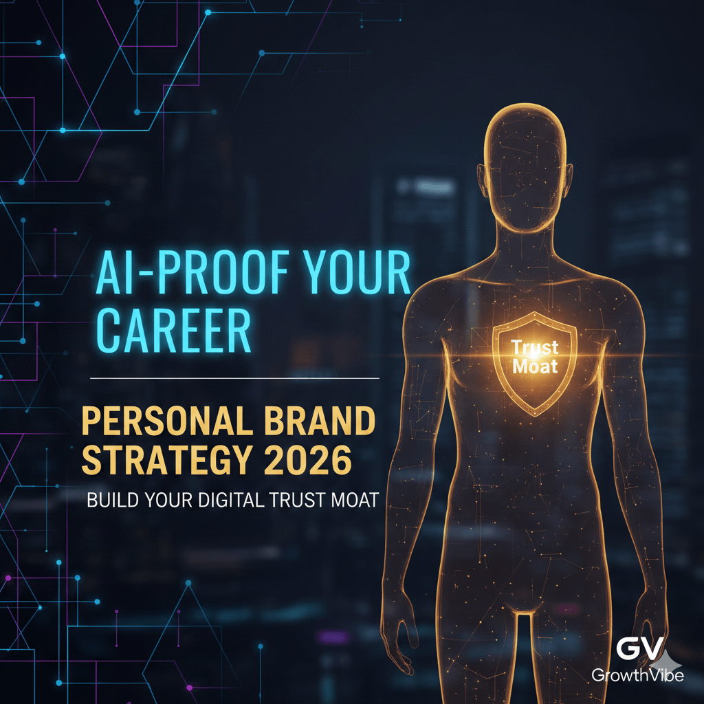 A futuristic digital human silhouette with a glowing 'Trust Moat' shield on the chest, representing Personal Brand Strategy 2026 for GrowthVibe.