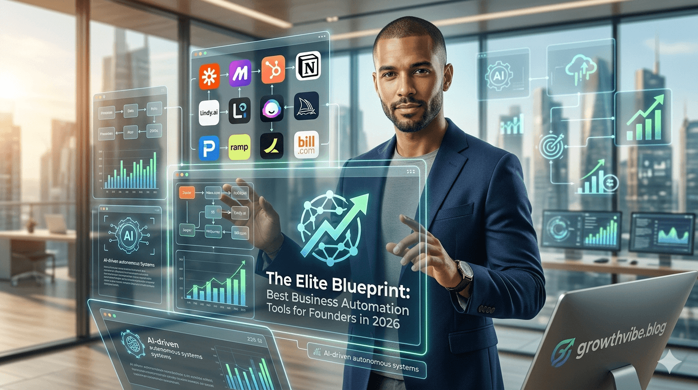 An elite modern entrepreneur managing workflow nodes using the best business automation tools for founders in a high-tech smart office, featuring growthvibe.blog logo.