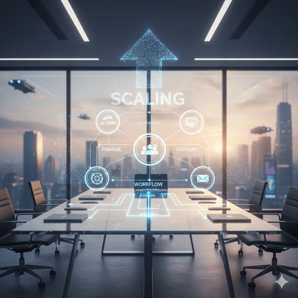 Futuristic business automation dashboard for founders showing AI CRM, finance, and content workflow systems for scaling in 2026.