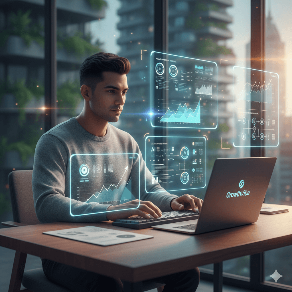 Solopreneur managing a 1-Person Business AI 2026 empire with automated dashboards and GrowthVibe branding