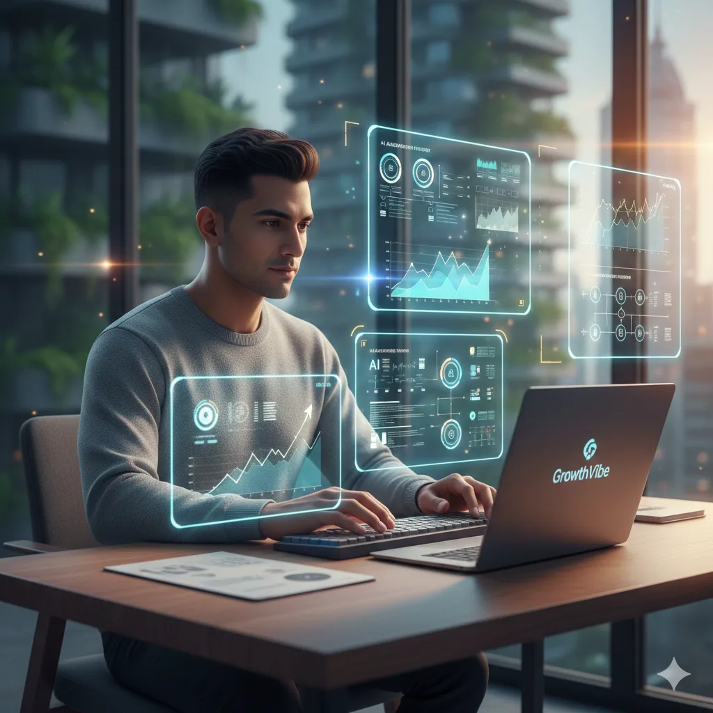 Solopreneur managing a 1-Person Business AI 2026 empire with automated dashboards and GrowthVibe branding