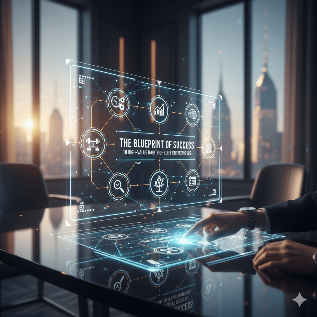 Blueprint of Success: 10 High-Value Habits of Elite Entrepreneurs infographic on a digital interface in a professional office.