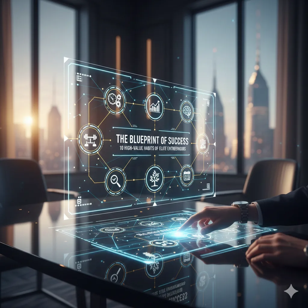 Blueprint of Success: 10 High-Value Habits of Elite Entrepreneurs infographic on a digital interface in a professional office.