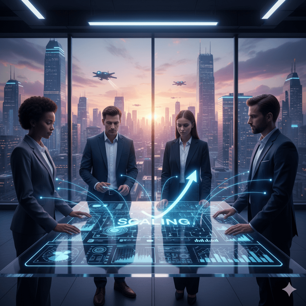 Elite founders working with a high-performance team on a futuristic digital scaling dashboard in a modern office.