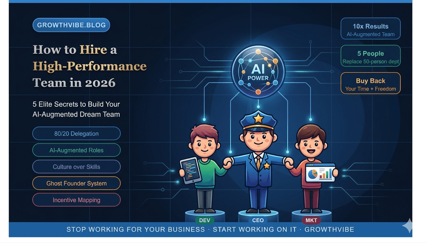 A founder leading a high-performance team with AI tools and delegation systems, illustrating how to hire a high-performance team that scales in 2026