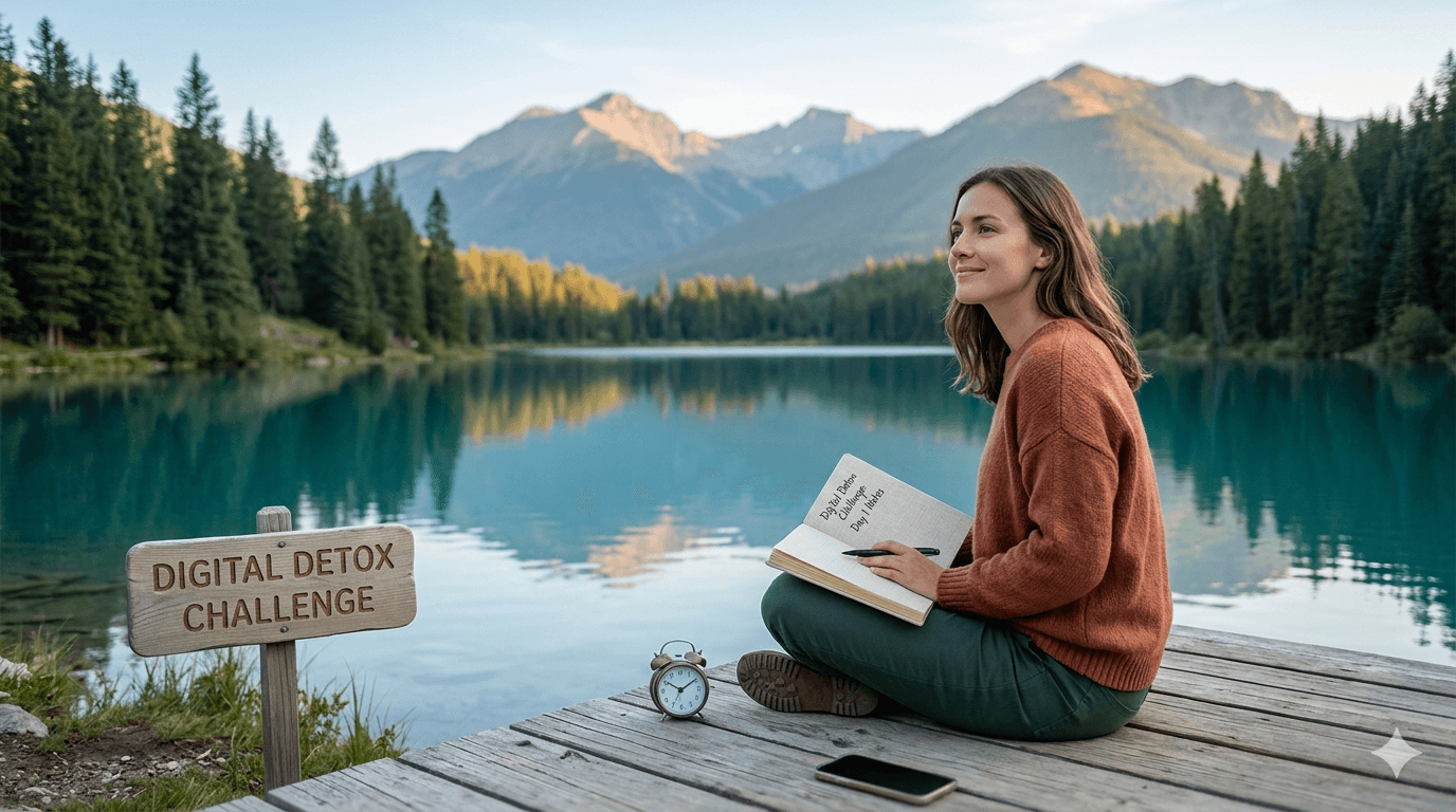 A peaceful person sitting by a lake without a phone, taking the 24-hour Digital Detox Challenge to reclaim mental focus.