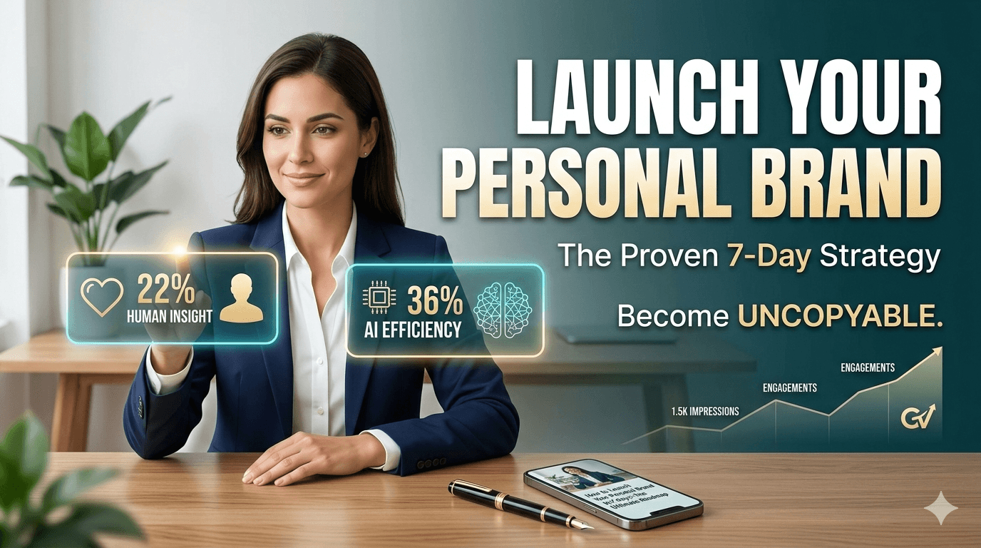 Detailed infographic showing a woman managing AI tools to launch your personal brand with a 7-day strategy, 22% human insight, and 36% AI efficiency.