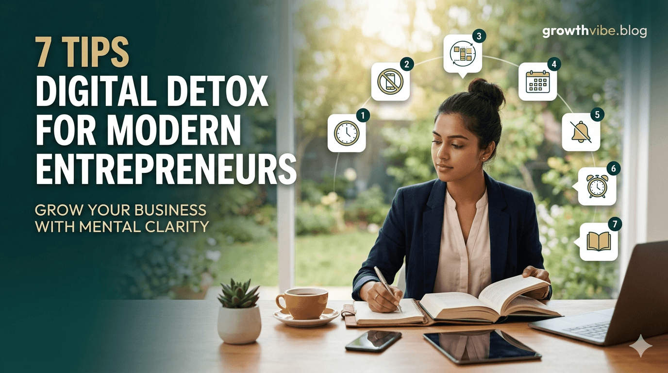 Modern entrepreneur practicing digital detox at a clean workspace with 7 productivity tips icons for growthvibe.blog