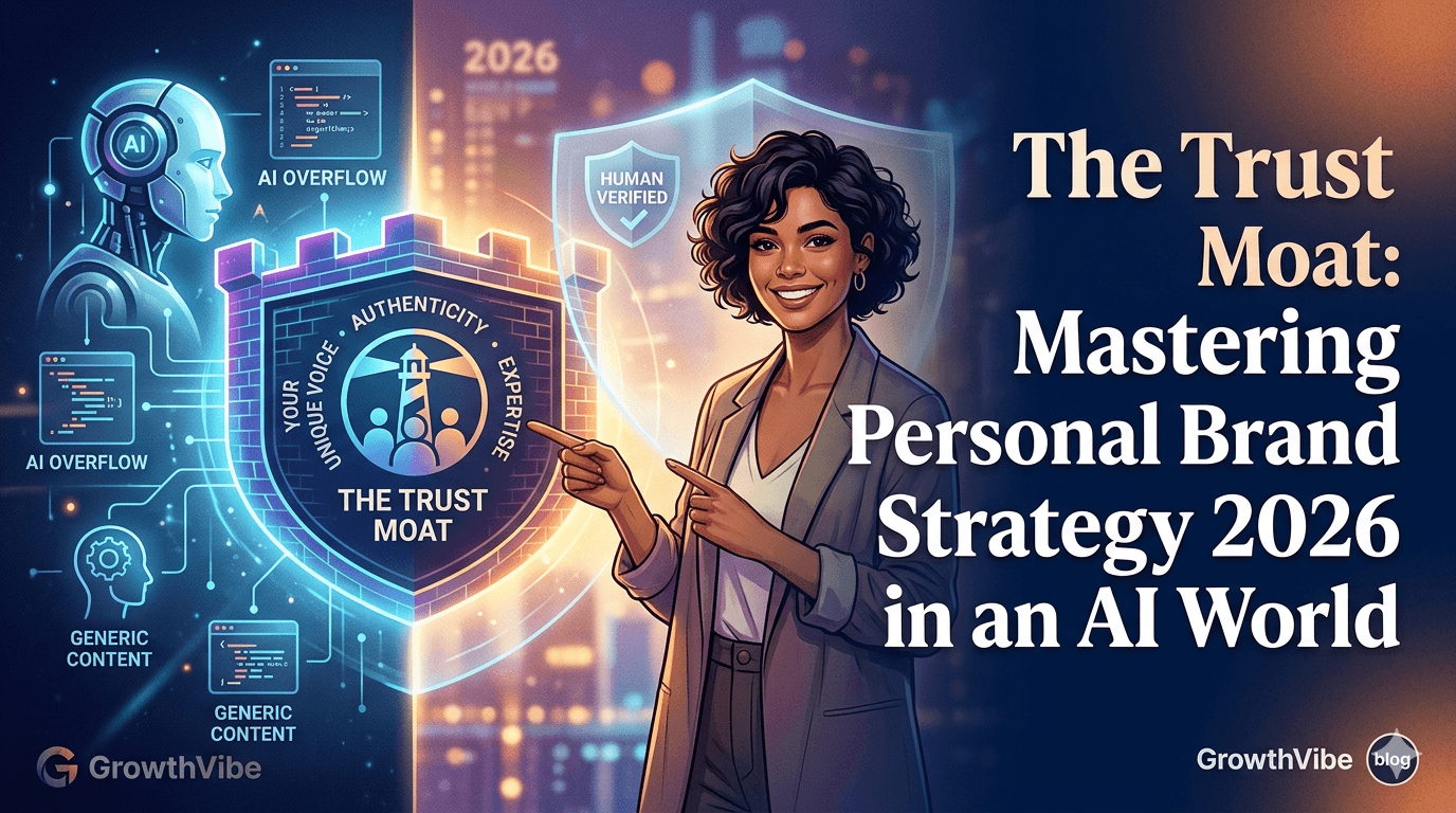 The Trust Moat: A creative visual of Personal Brand Strategy 2026 showing how to stay AI-proof.