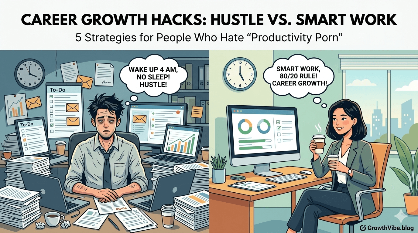 Illustration showing career growth hacks comparing a burnt-out worker and a smart worker drinking coffee.
