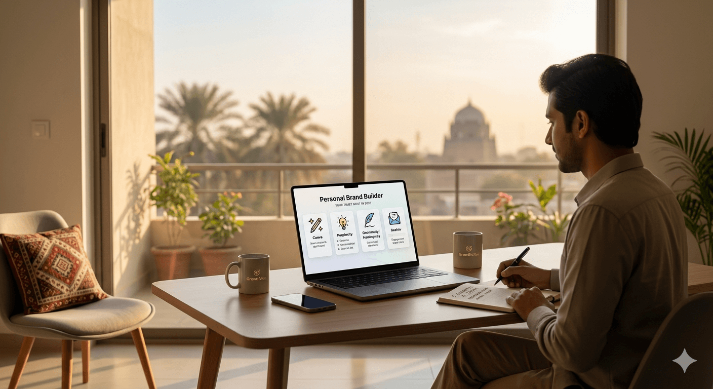 A creator at a desk in Multan using AI tools for personal branding on a laptop to build a trust moat.