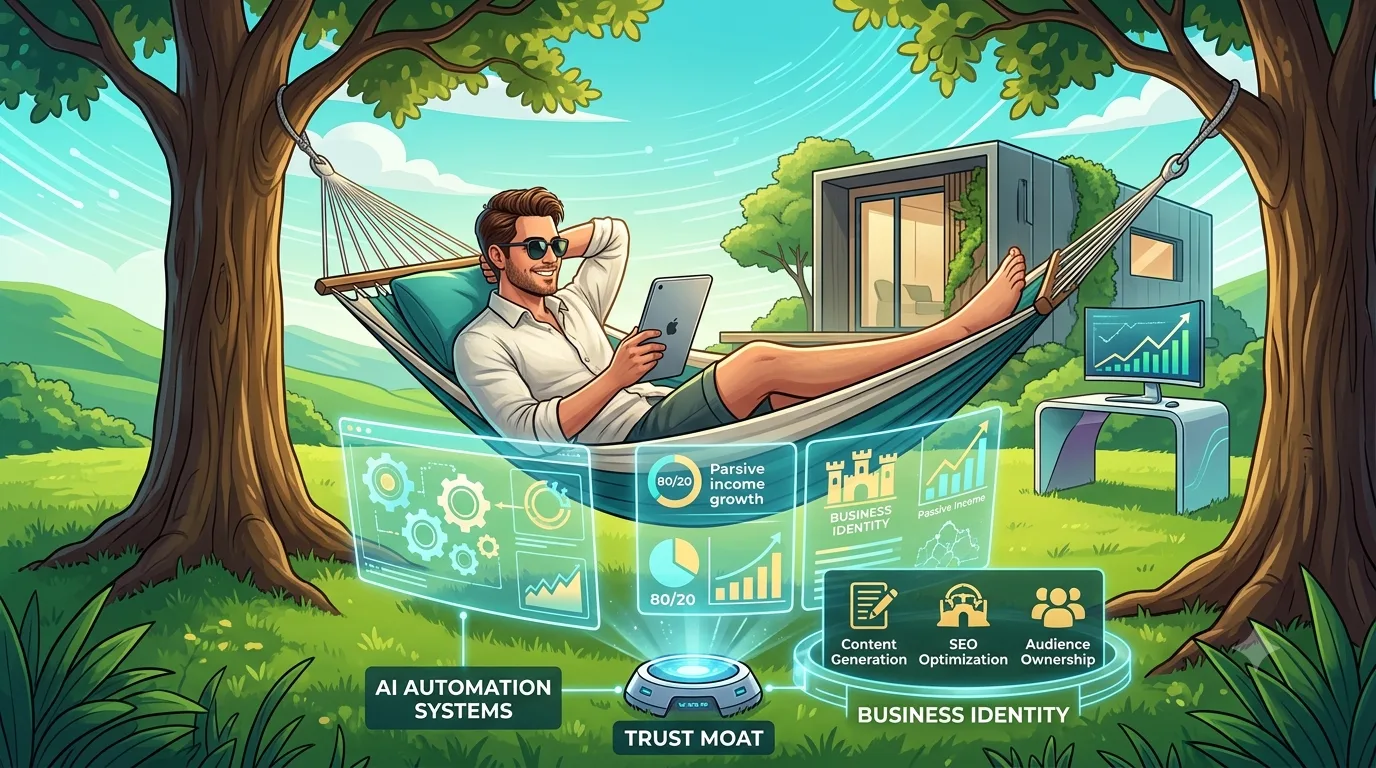 A Strategically Lazy Entrepreneurs relaxing in a hammock while advanced AI automation tools and smart systems run his online business ecosystem on autopilot.