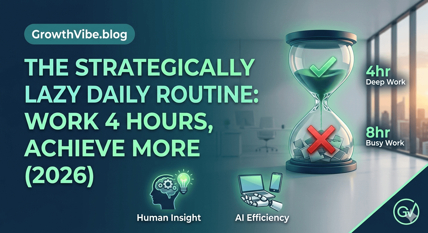 An illustration showing a strategically lazy daily routine comparing 4 hours of deep work with 8 hours of busy work for GrowthVibe.blog.