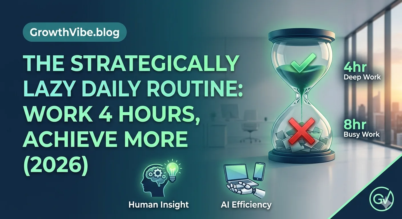 An illustration showing a strategically lazy daily routine comparing 4 hours of deep work with 8 hours of busy work for GrowthVibe.blog.