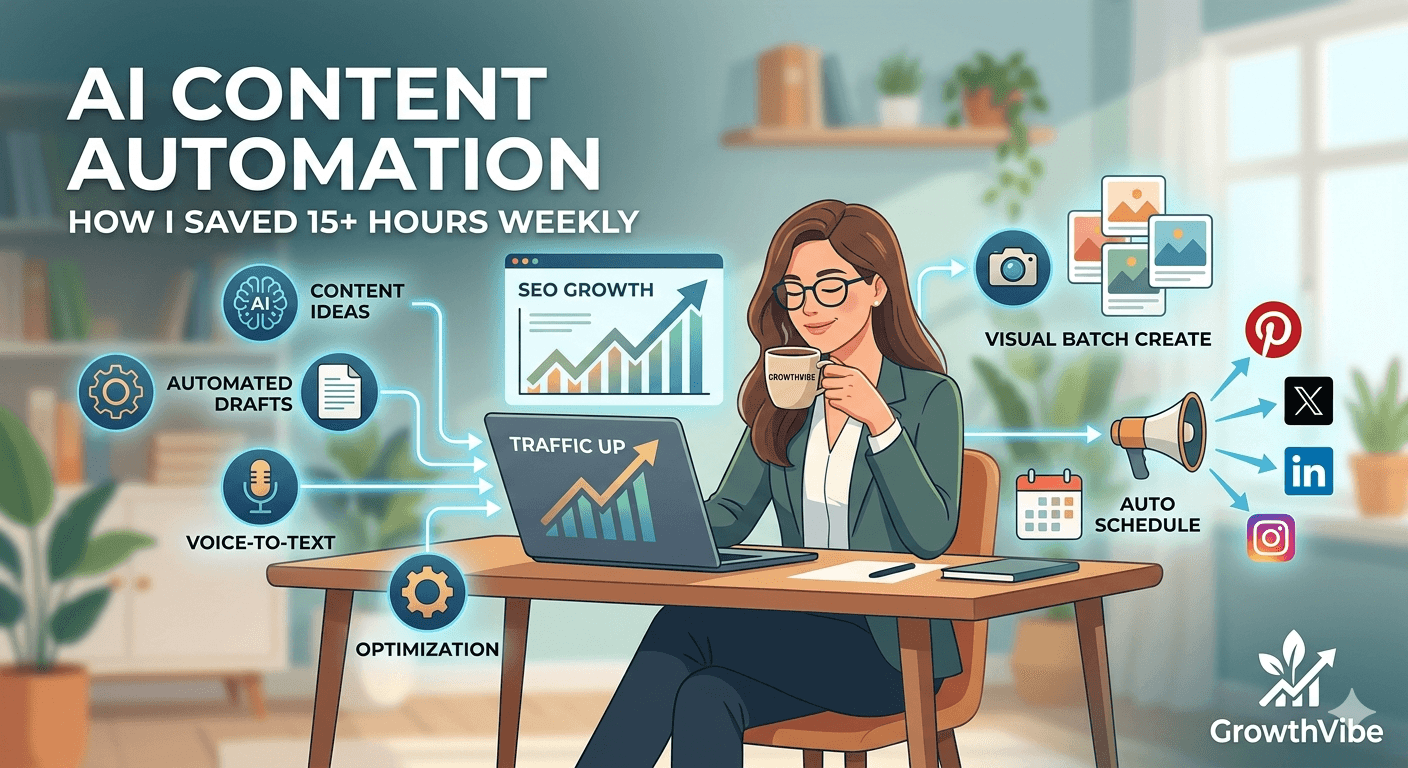 "A female solopreneur optimizing her blog workflow using AI content automation tools to save 15+ hours weekly at her desk."
