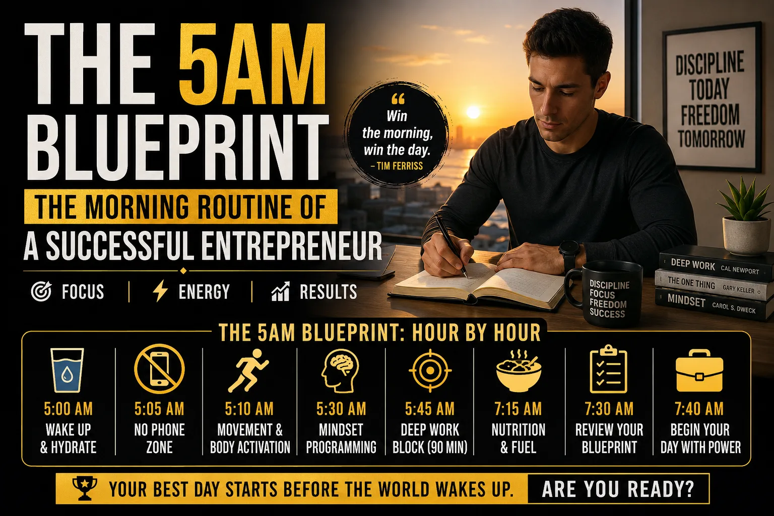 An entrepreneur holding coffee and a clock at 5AM sunrise, representing the morning routine of a successful entrepreneur with deep work and productivity habits in 2026