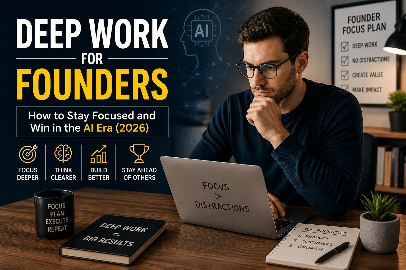 Deep work for founders focused entrepreneur working in AI era 2026 productivity concept