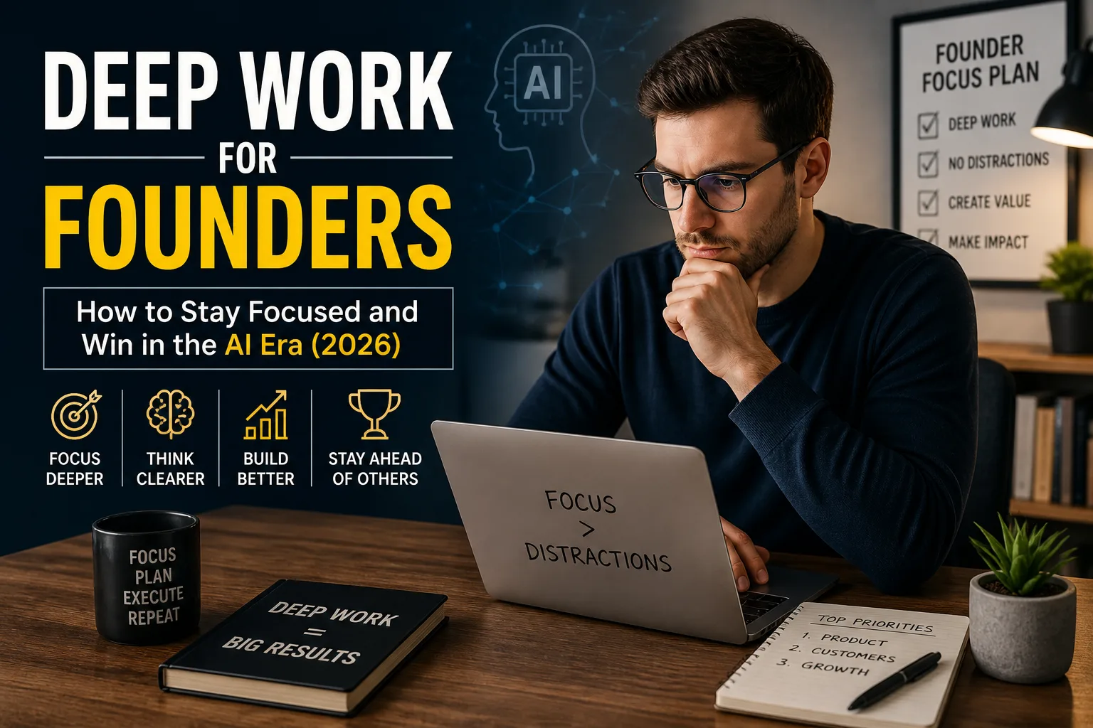 Deep work for founders focused entrepreneur working in AI era 2026 productivity concept