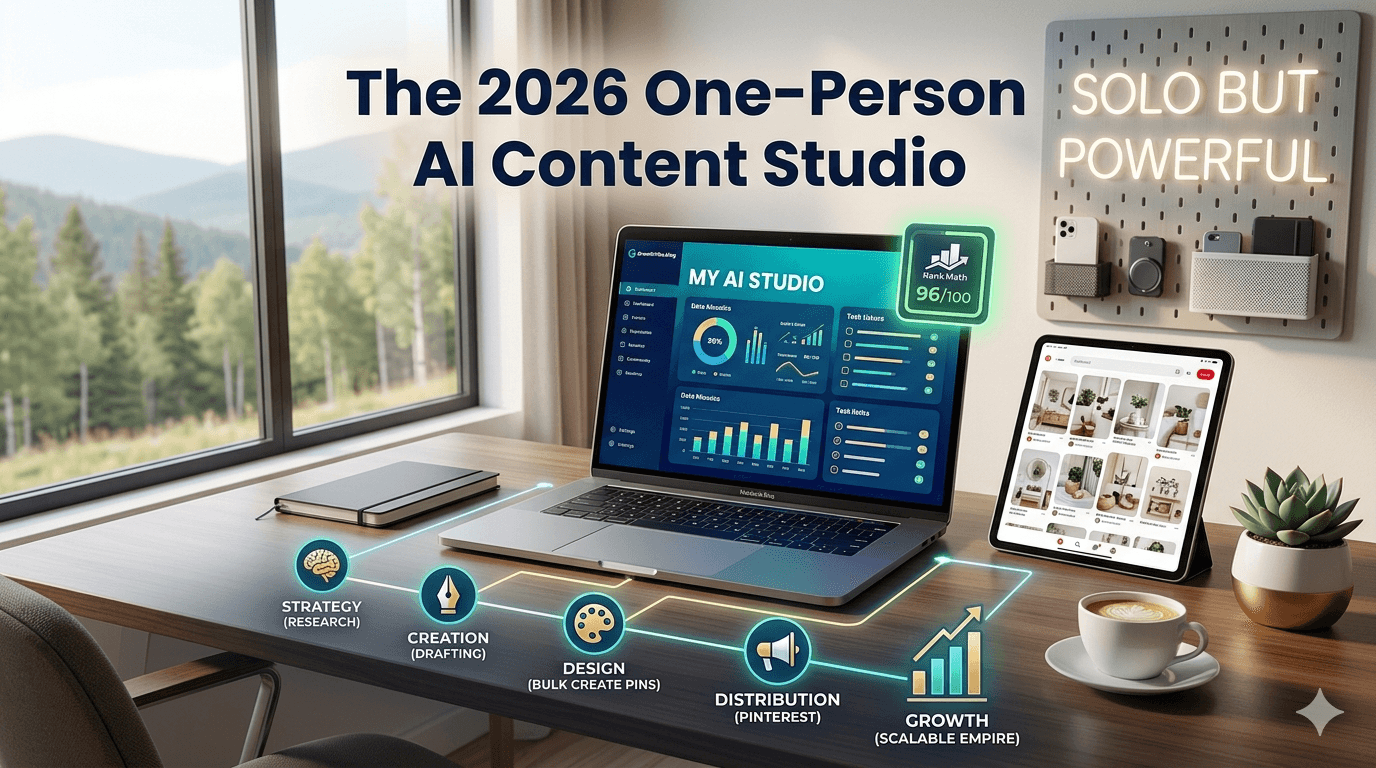 A high-tech home office setup showing the 2026 One-Person AI Content Studio workflow with Rank Math SEO scores and Pinterest automation on screen.