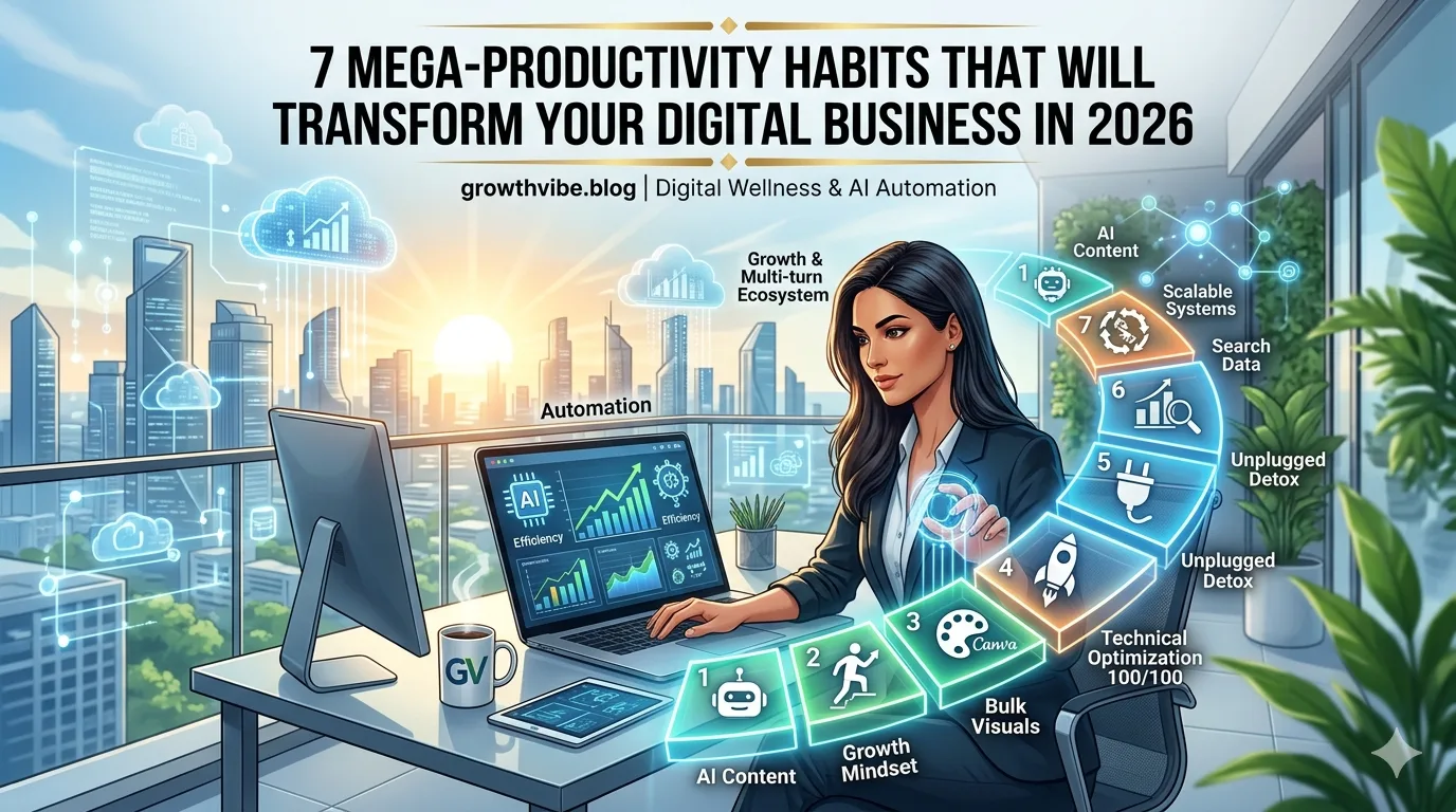 A professional digital entrepreneur implementing Mega-Productivity Habits to scale a digital business in 2026, featuring AI automation and growth mindset elements.