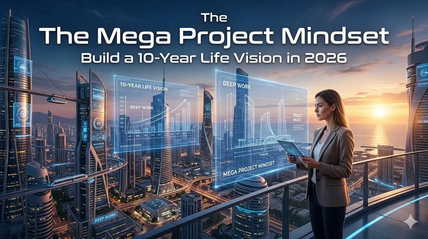 Professional founder visualizing a 10-year life vision using the Mega Project Mindset in a futuristic city.