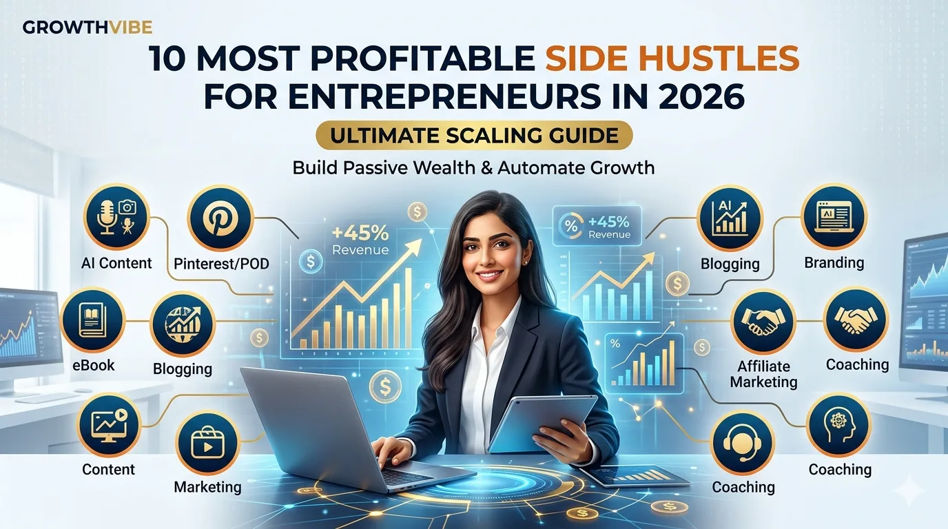 A professional digital workspace dashboard mapping out the 10 most profitable side hustles for entrepreneurs in 2026 with automation charts.