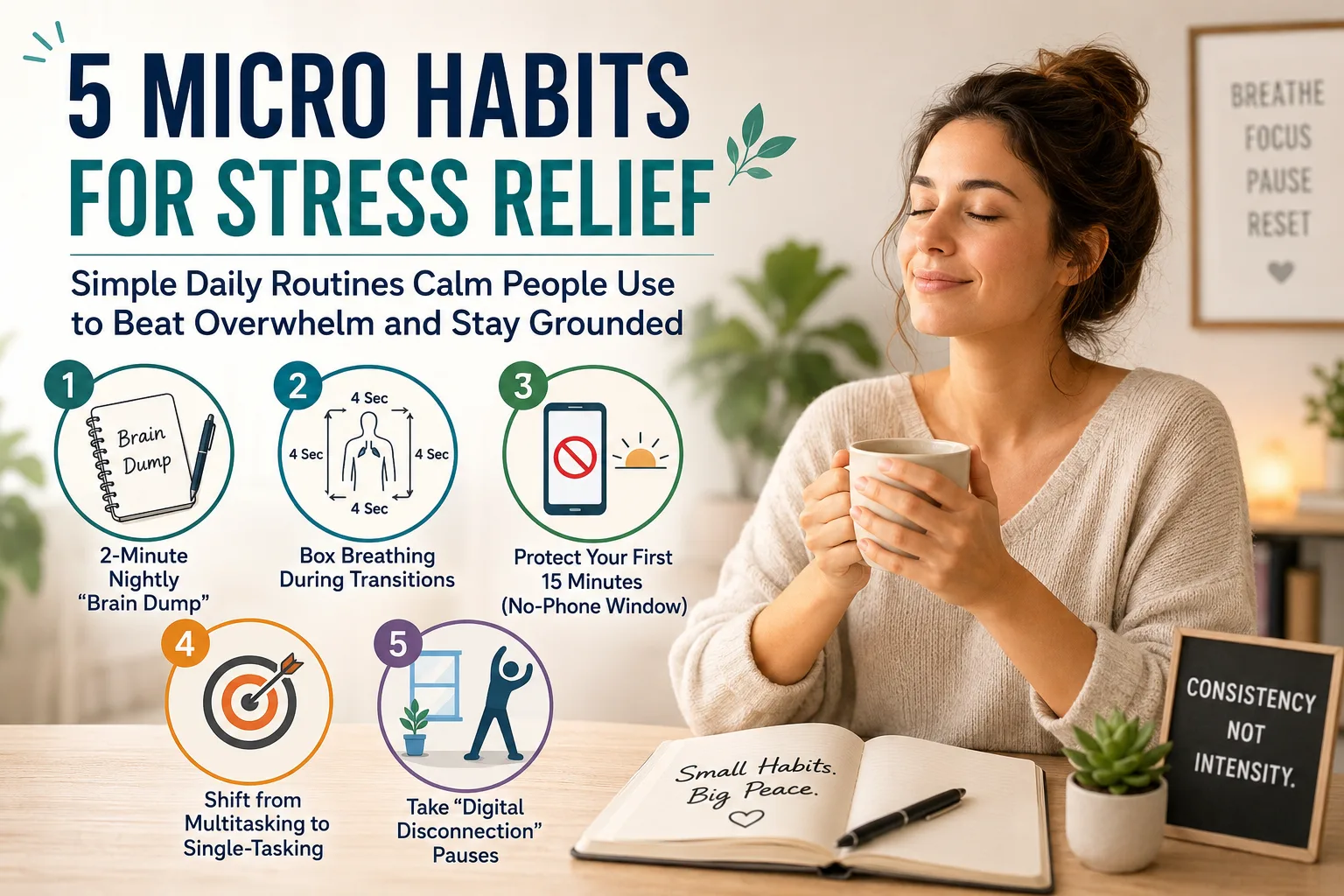 Woman practicing micro habits for stress relief with illustrations showing brain dump journaling, box breathing, no-phone morning routine, single-tasking, and digital disconnection breaks.