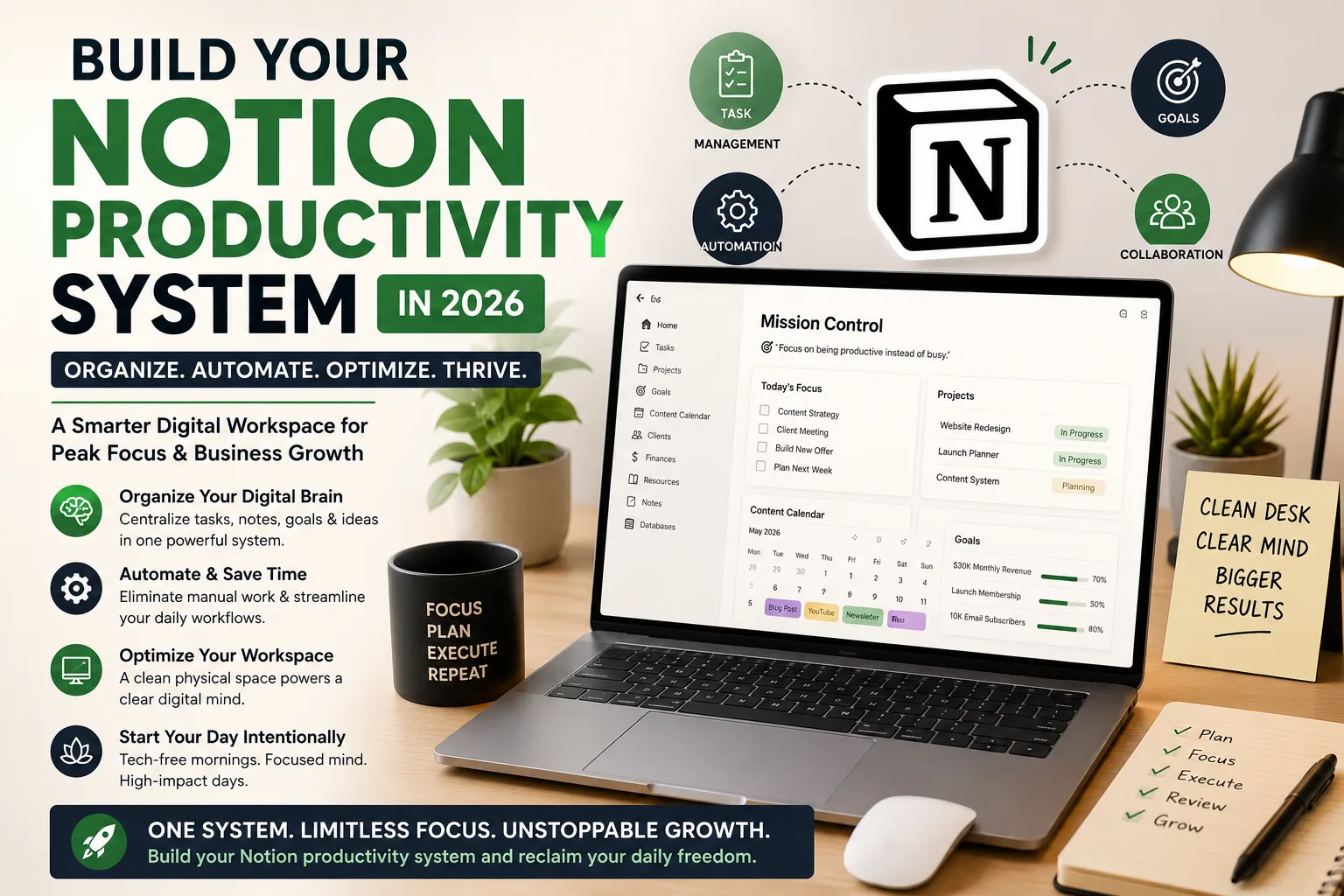 Modern digital workspace showing a Notion productivity system dashboard with task management, automation, goal tracking, and organized desk setup for business efficiency in 2026.