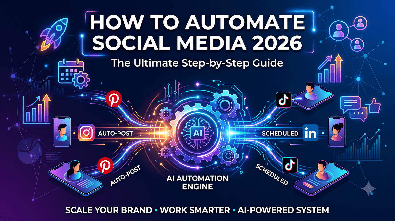 A modern digital workflow diagram illustrating how to automate social media 2026 style using an AI automation engine to schedule posts across Pinterest, Instagram, TikTok, and LinkedIn.