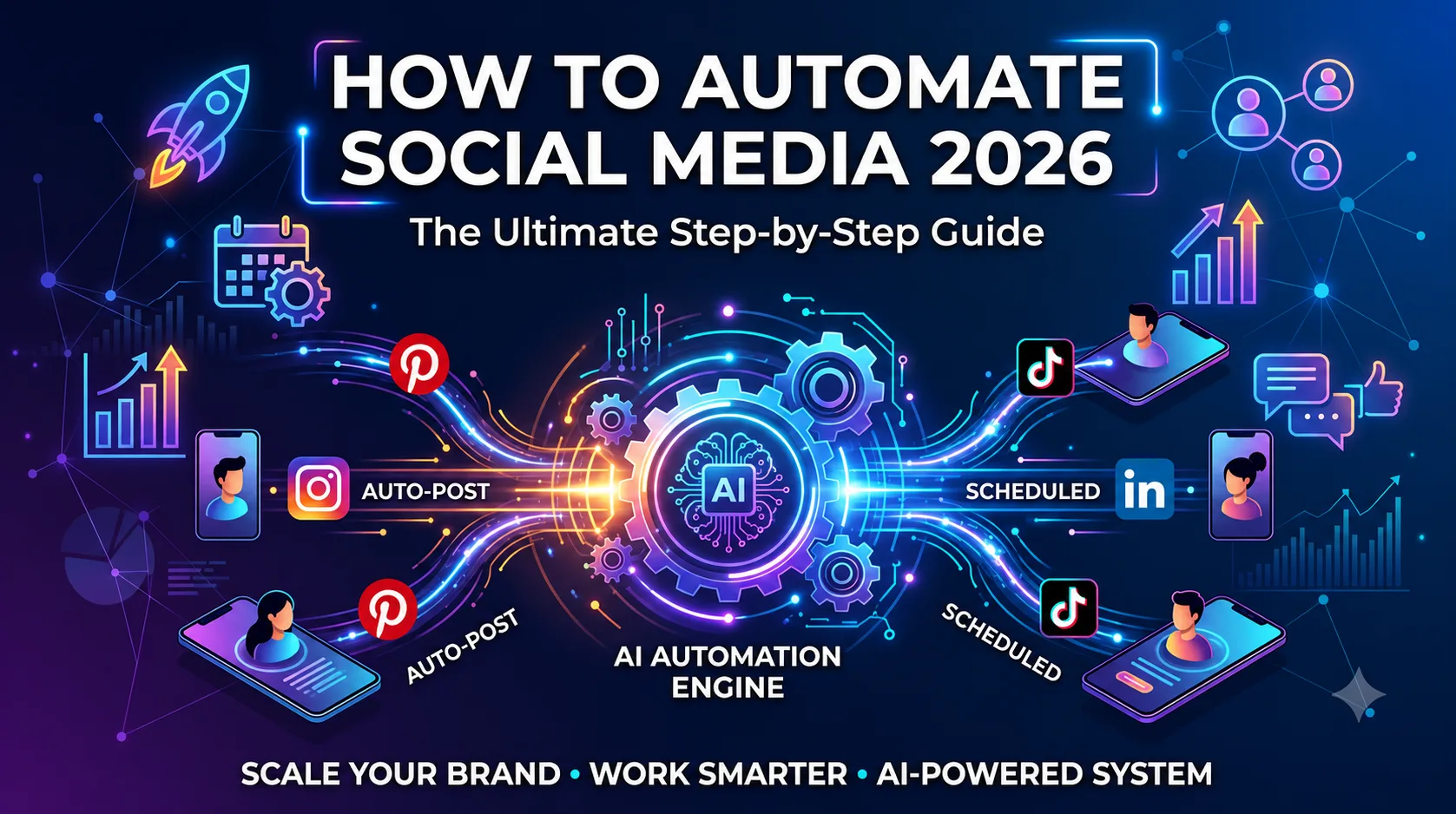 A modern digital workflow diagram illustrating how to automate social media 2026 style using an AI automation engine to schedule posts across Pinterest, Instagram, TikTok, and LinkedIn.