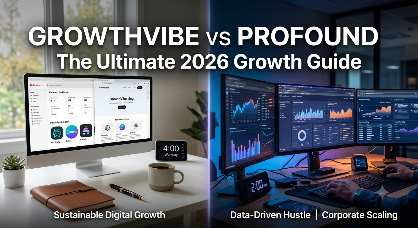 GrowthVibe vs Profound comparison showing sustainable 4-hour workday workspace and data-driven corporate hustle setup