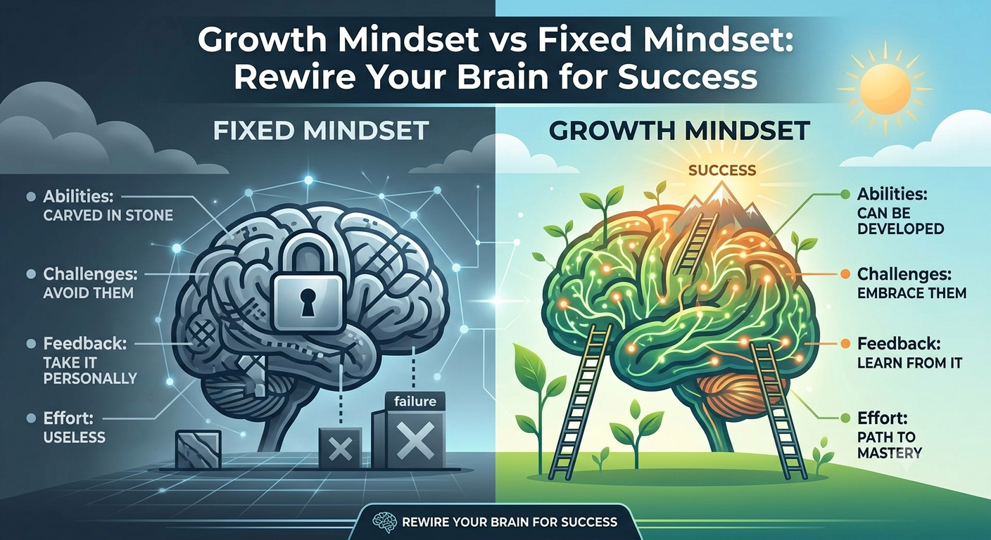 Growth Mindset vs Fixed Mindset comparison chart for rewiring your brain