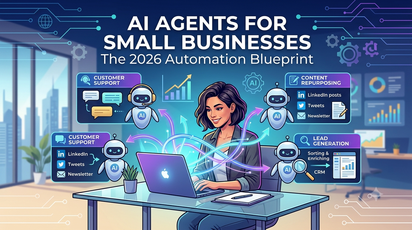 A female entrepreneur working on her laptop utilizing modern AI agents for small businesses to automate customer support, lead generation, and content repurposing workflows in a sleek 2026 office setting.