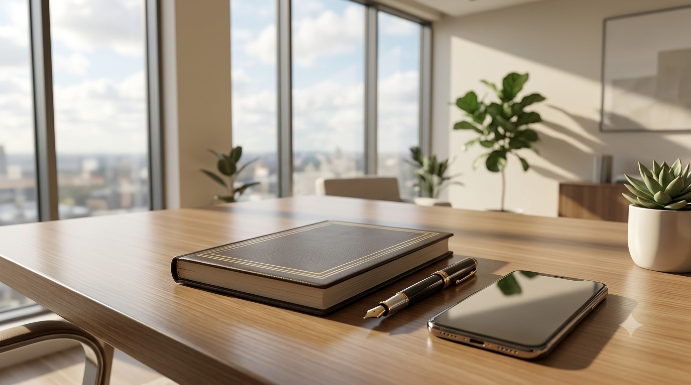 A premium modern office desk with a corporate journal and phone, representing strategic professional development goals.