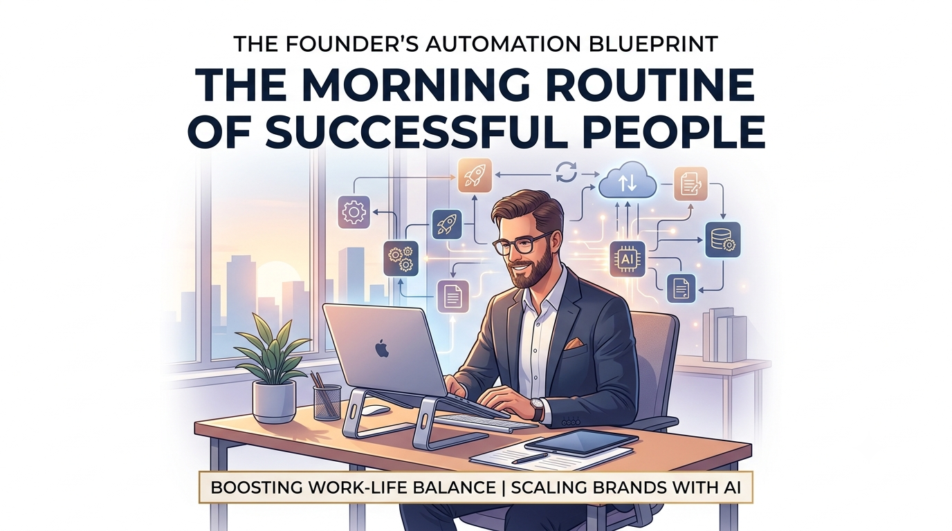 A visual blueprint illustrating how the morning routine of successful people incorporates founder-led AI agents and automation for remote work life balance while scaling brands.
