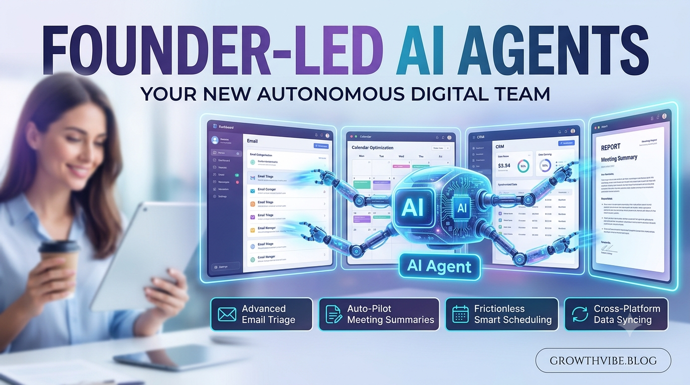 An infographic illustrating how Founder-Led AI Agents manage business tasks like email triage, scheduling, and data syncing.